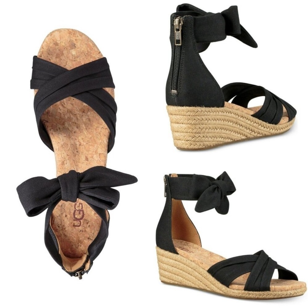 UGG Traci Espadrille Wedge Sandals Black Ankle Strap Tie size 7